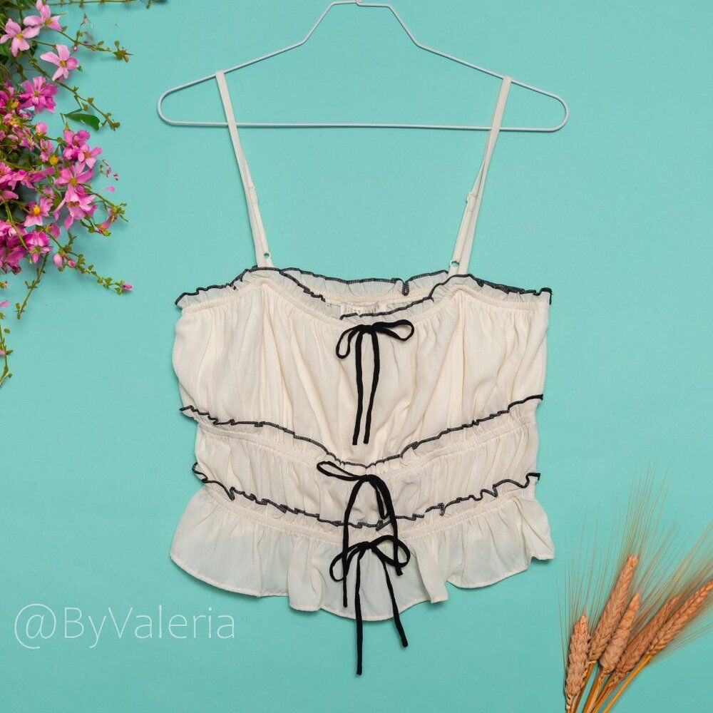 Milkmaid Elastic Cami Top Ruffled Front Ribbon L, soft cottage fairy boho NWT